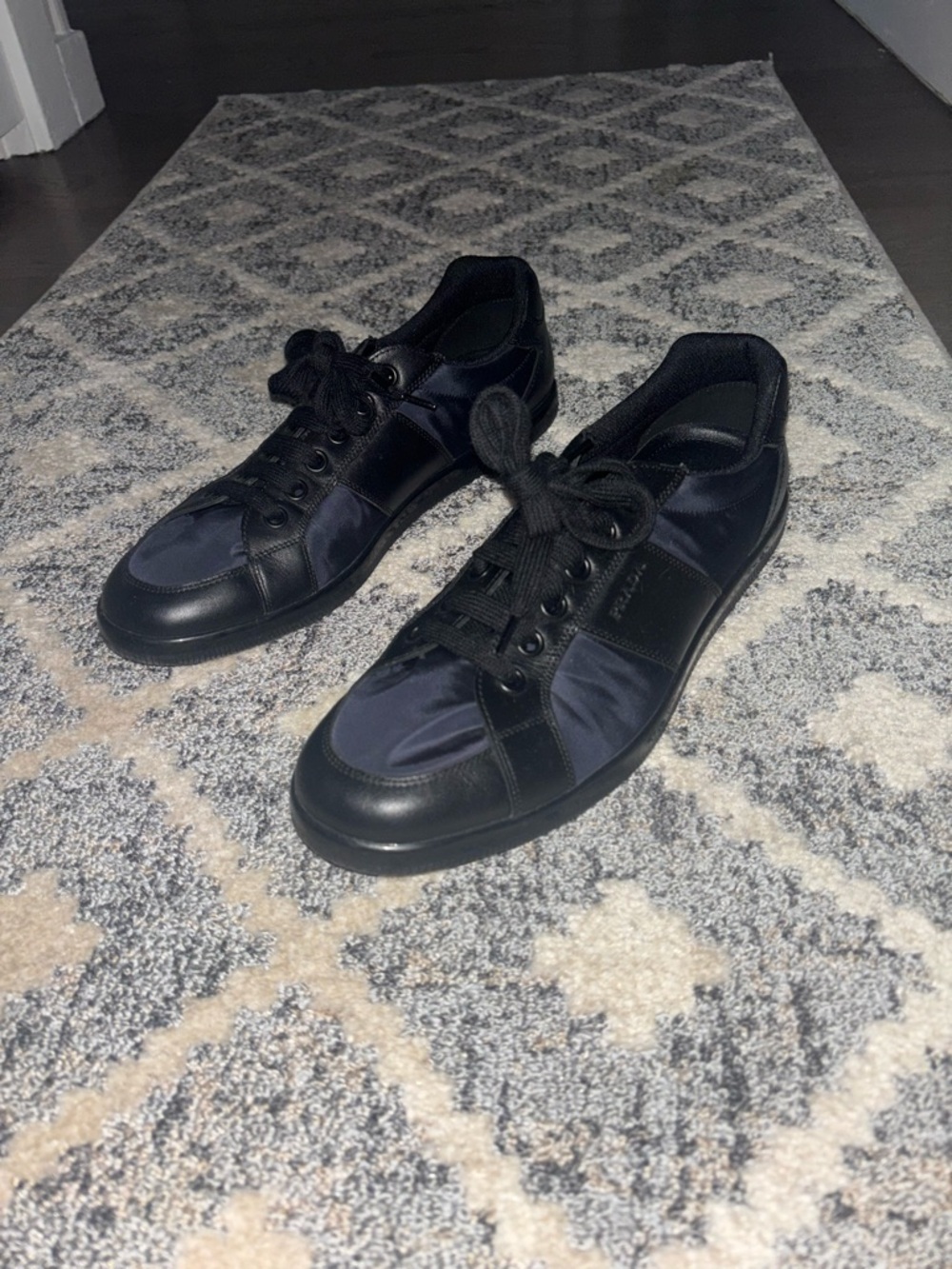 Prada Black and Navy Low-Top Leather & Nylon Sneakers
